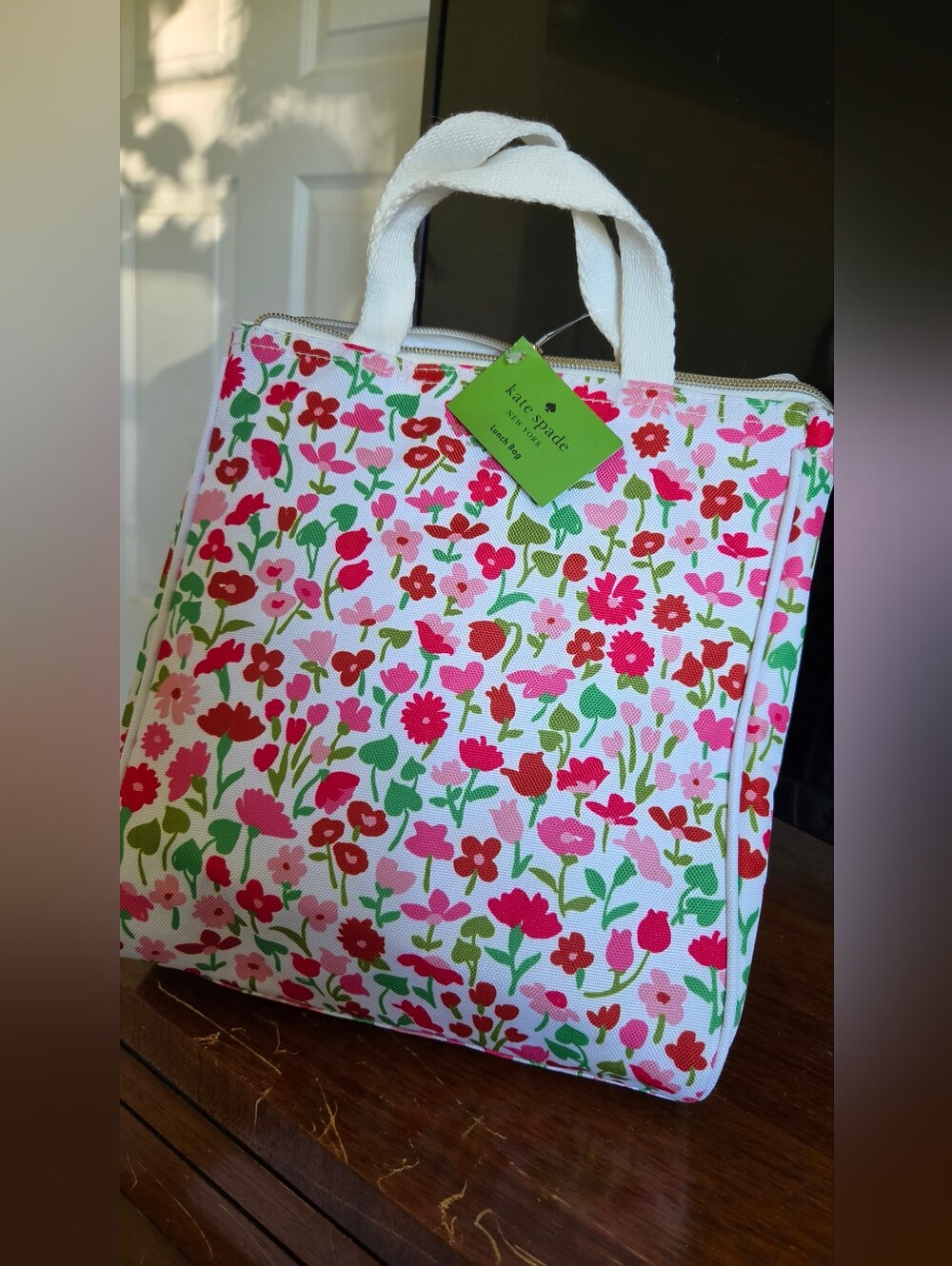 kate spade White Canvas Tote with Pink & Green Floral Print With Dish Towels